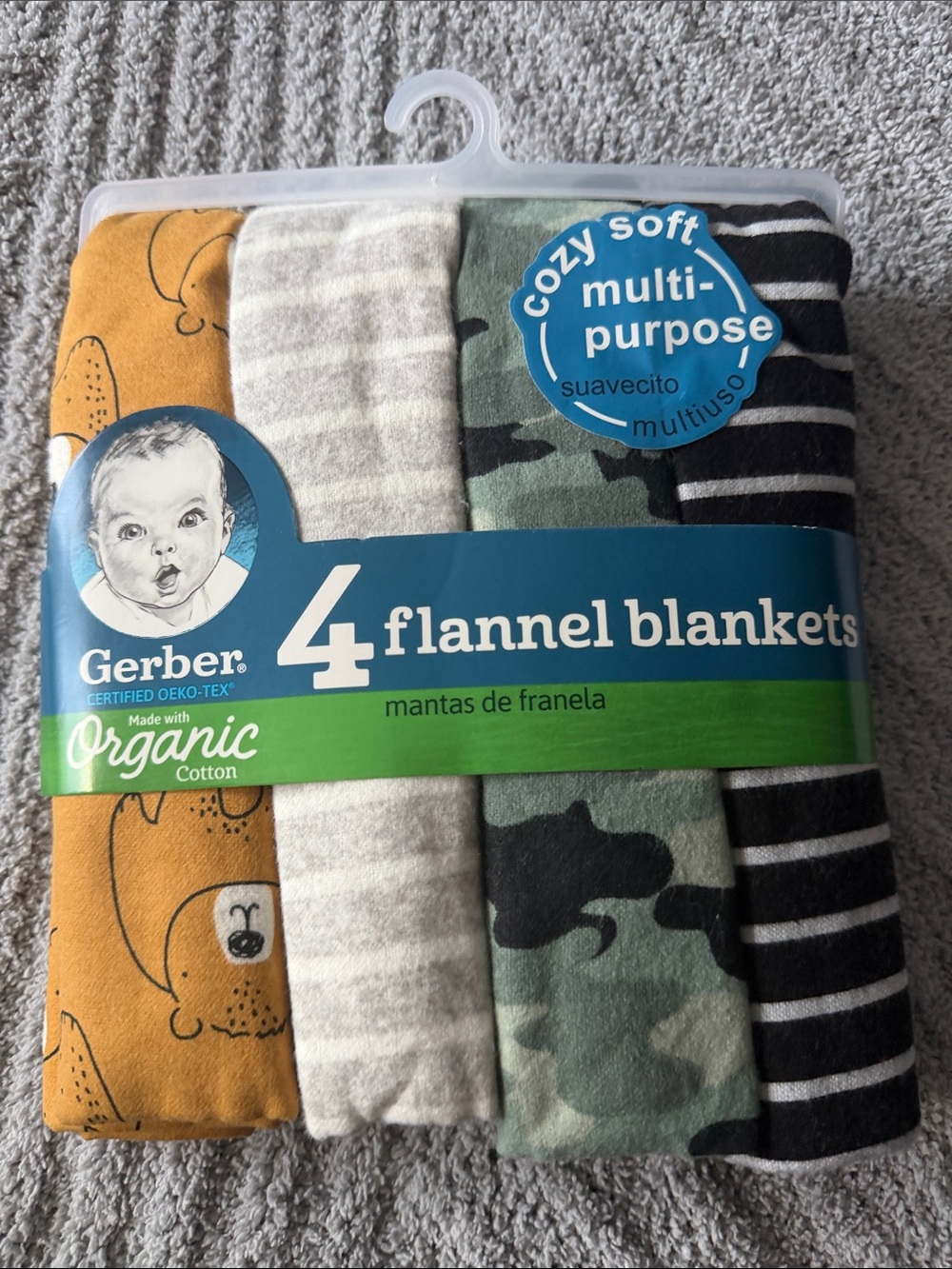 Gerber Flannel Baby Blankets - Mustard, Cream, Green Camo, Black
